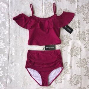 JANELA BAY Plum Cold Shoulder Ruffle Ruched Swimming Suit Bathing Suit Two Piece